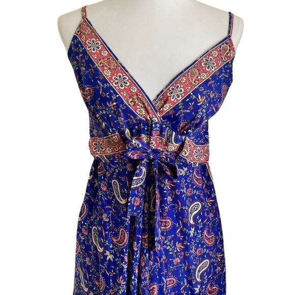 Vintage Silk Maxi Dress Vibrant Blue Red Paisley  Boho Festival 90s Y2K Romantic - Picture 2 of 8